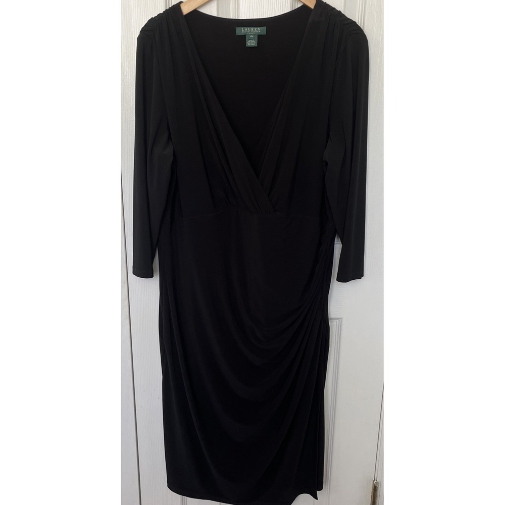 Lauren Ralph Lauren Surplice V Neck Faux Wrap Sheath Midi Dress Black Size 18W